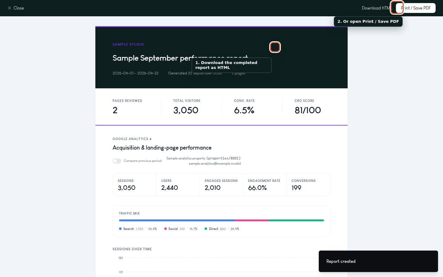 Completed sample report with annotations pointing to Download HTML and Print / Save PDF controls.
